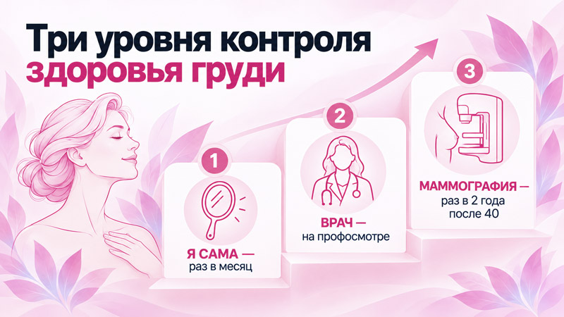 Три уровня контроля здоровья груди Инфографика «Три уровня контроля здоровья груди»: самообследование раз в месяц, осмотр врача на профосмотре, маммография раз в 2 года после 40 лет